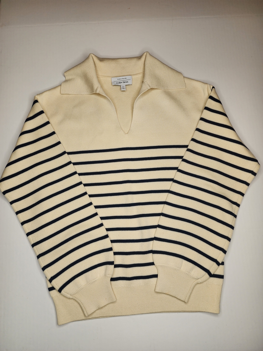 & Other Stories Cream & Navy Striped Collared Sweater